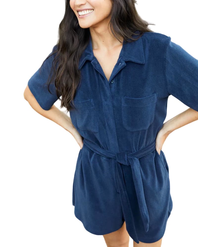Front of a model wearing a size L Rewind Romper in Night in Night by Outerknown. | dia_product_style_image_id:363434